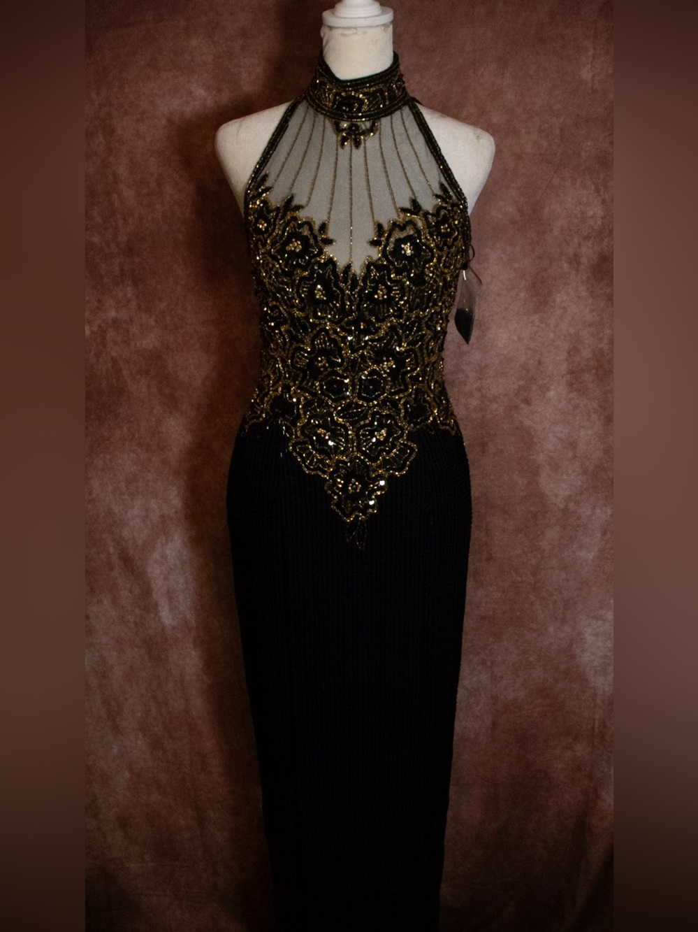 SIZE VINTAGE 2 (00 or XS) Oleg Cassini Black and Gold Beaded Halter Gown